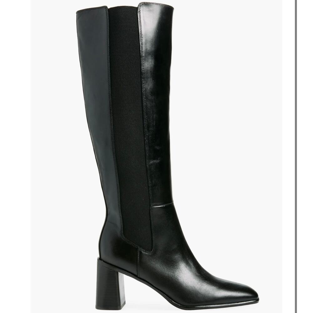 Nordstrom Tyra Black Tall Knee High Boot Sz 9.5 Leather Pull-On Elastic Gore NIB